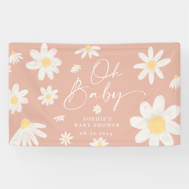 Boho Pink Daisy Flower Baby Shower Banner (Horizontal)