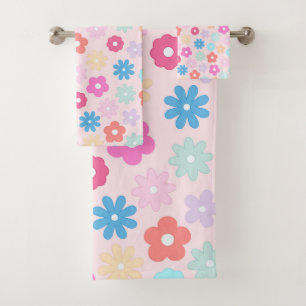 Boho Pink Daisy Flowers Pattern Bath Towel Set
