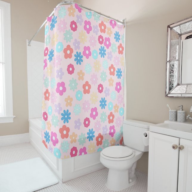 Boho Pink Daisy Flowers Pattern Shower Curtain (In Situ)
