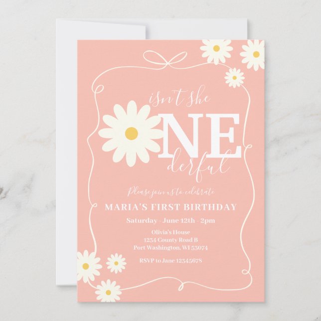Boho Pink Daisy Isn't She ONEderful Handdrawn Invitation (Front)