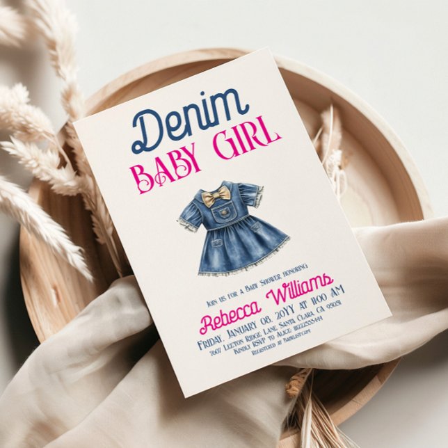 Boho Pink Denim Girl Blue Jean Baby Shower Invitation (Creator Uploaded)