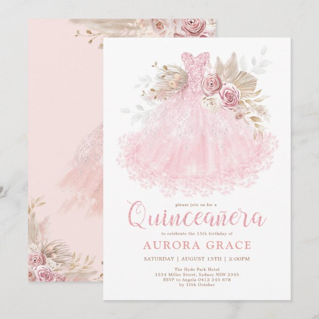 Boho Pink Dress Quinceañera Mis Quince 15 Años Invitation (Front/Back)