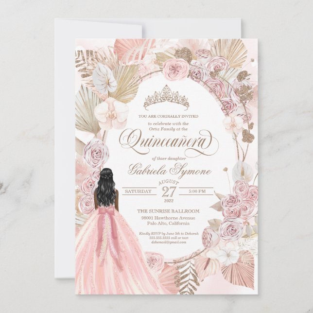 Boho Pink Dried Floral Roses Quinceanera Birthday  Invitation (Front)