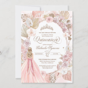 Boho Pink Dried Floral Roses Quinceanera Birthday Invitation