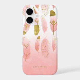 Boho Pink Feathers Faux Gold Foil Personalised