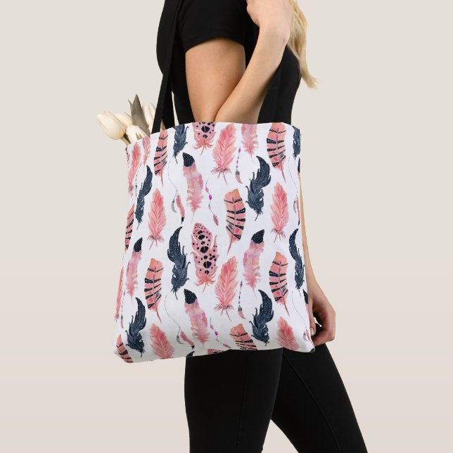 Boho Pink Feathers Tote Bag (Close Up)