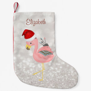 Boho Pink Flamingo With  Santa Hat ,Glittery Bokeh Small Christmas Stocking
