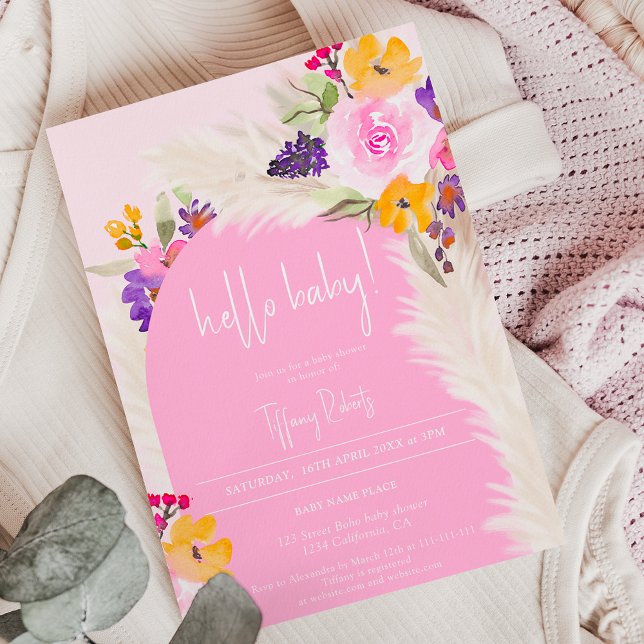 Boho pink floral arch girl hello baby shower invitation (Creator Uploaded)