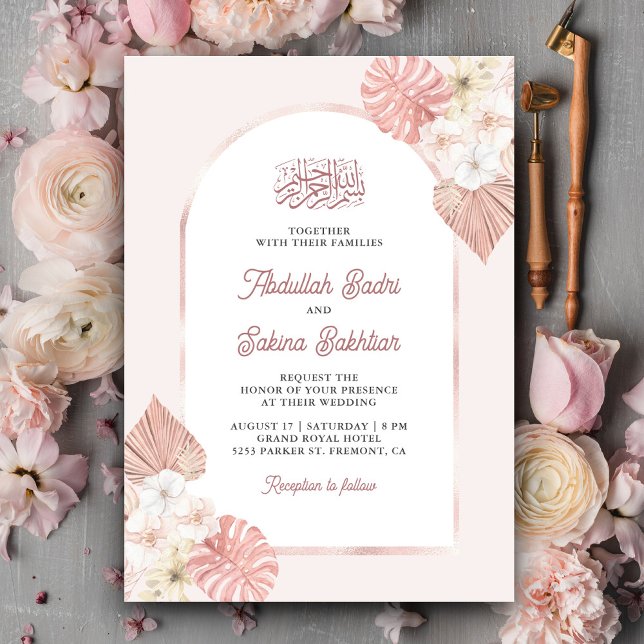 Boho Pink Floral Arch QR Code Muslim Wedding Invitation (Creator Uploaded)