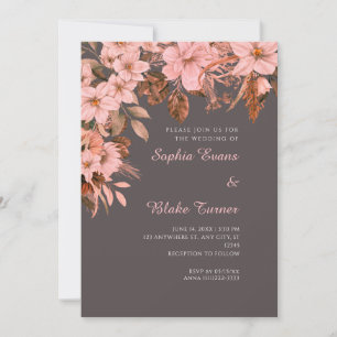 Boho Pink Floral Autumn Ash Grey Wedding Invitation