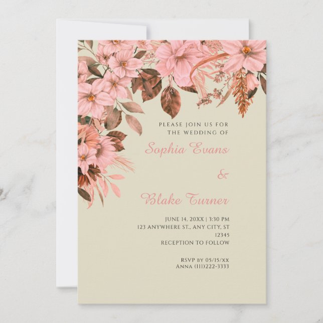 Boho Pink Floral Autumn Bamboo Wedding Invitation (Front)