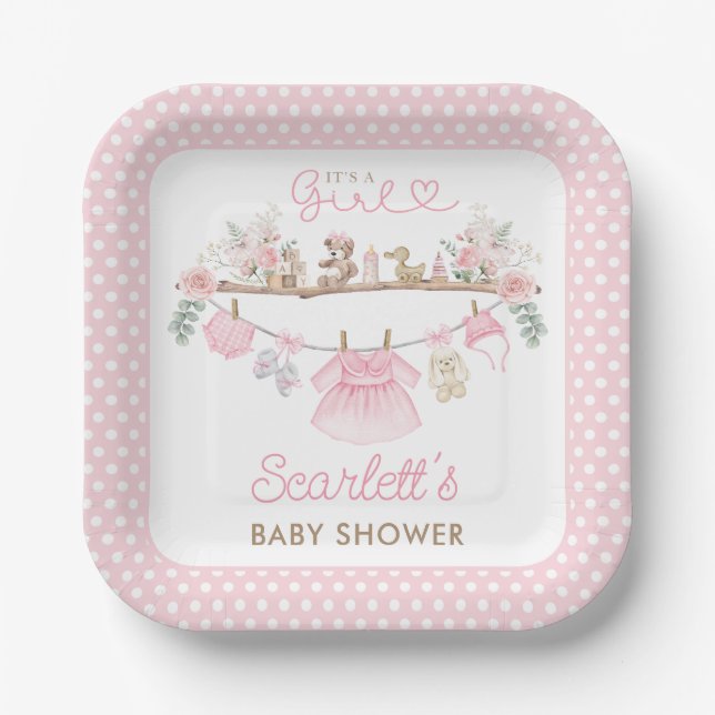 Boho Pink Floral Baby Girl Clothes Laundry Shower Paper Plate (Front)