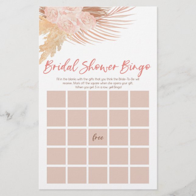 Boho Pink Floral Bingo Bridal Shower Game Stationery (Front)