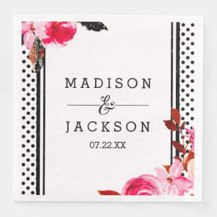 Boho Pink Floral & Black Dot Wedding Monogram Napkin
