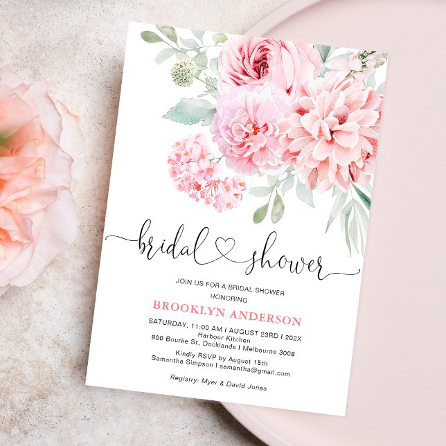 Boho Pink Floral Bridal Shower Invitation (Pink Floral Bridal Shower Invitation Template, Hot Pink Floral Bridal Shower, Heart, Calligraphy)