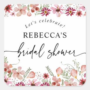 Boho Pink Floral Bridal Shower Round  Square Sticker