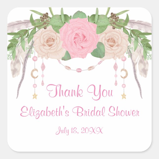 Boho Pink Floral Bridal Shower Square Sticker (Front)