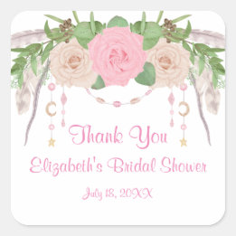 Boho Pink Floral Bridal Shower Square Sticker