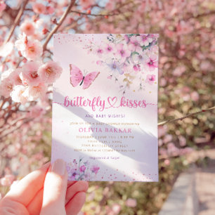 Boho Pink Floral Butterfly Kisses Girl Baby Shower Invitation