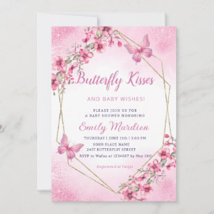 Boho pink Floral Butterfly Kisses Girl Baby Shower Invitation