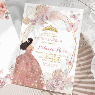 Boho Pink Floral Butterfly Princess Quinceañera Invitation