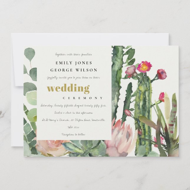 BOHO PINK FLORAL CACTI FAUNA WATERCOLOR WEDDING INVITATION (Front)