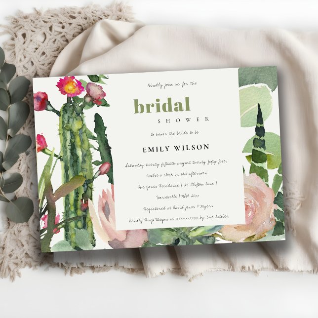 BOHO PINK FLORAL CACTI FOLIAGE BRIDAL SHOWER INVITATION (Creator Uploaded)