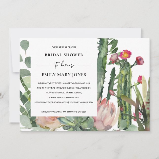BOHO PINK FLORAL CACTUS FOLIAGE BRIDAL SHOWER INVITATION (Front)