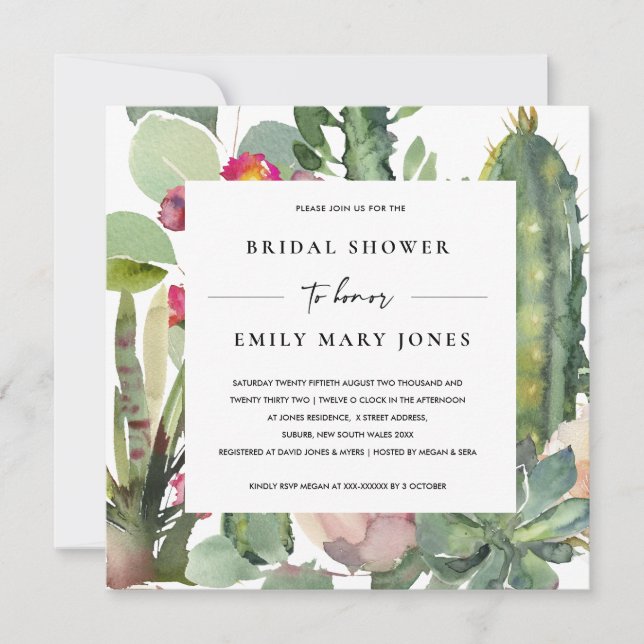 BOHO PINK FLORAL DESERT CACTI FAUNA BRIDAL SHOWER INVITATION (Front)
