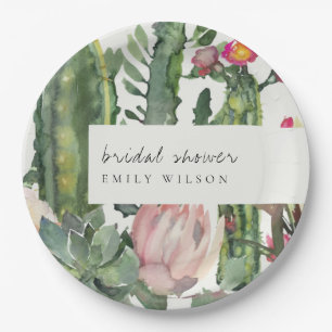 BOHO PINK FLORAL DESERT CACTI FAUNA BRIDAL SHOWER PAPER PLATE