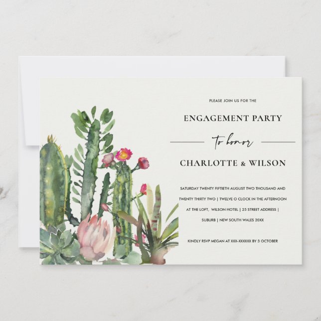 BOHO PINK FLORAL DESERT CACTI FAUNA ENGAGEMENT INVITATION (Front)