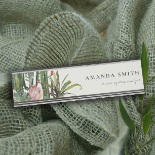 BOHO PINK FLORAL DESERT CACTI FOLIAGE WATERCOLOR DESK NAME PLATE