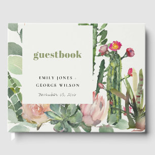 BOHO PINK FLORAL DESERT CACTI FOLIAGE  WATERCOLOR GUEST BOOK