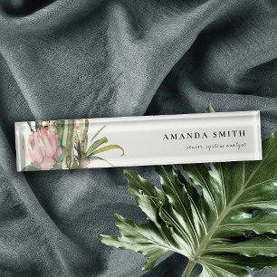 BOHO PINK FLORAL DESERT CACTI FOLIAGE WATERCOLOR NAMEPLATE