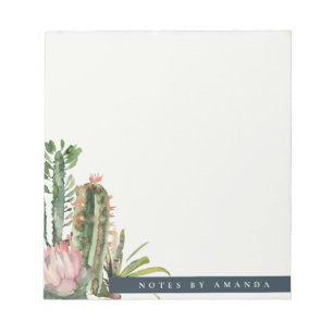 BOHO PINK FLORAL DESERT CACTI FOLIAGE WATERCOLOR NOTEPAD