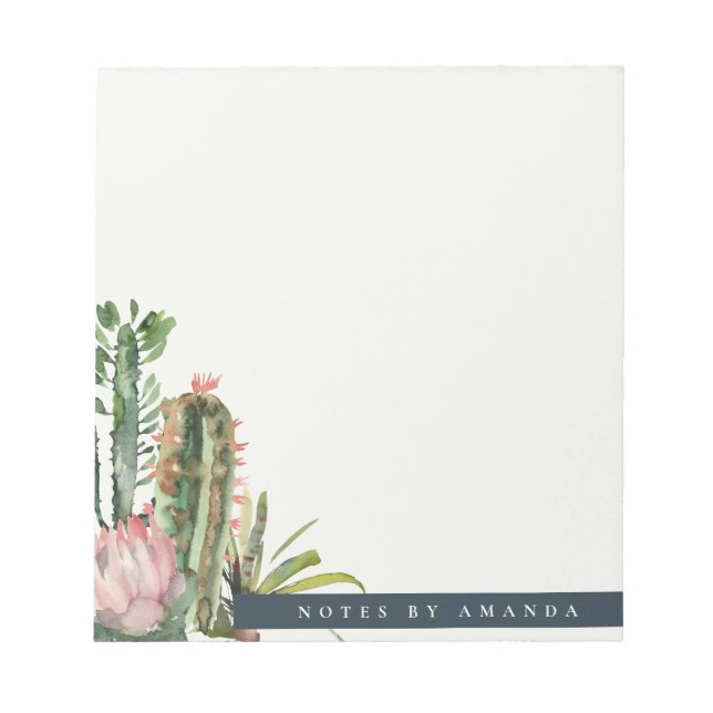 BOHO PINK FLORAL DESERT CACTI FOLIAGE WATERCOLOR NOTEPAD (Front)