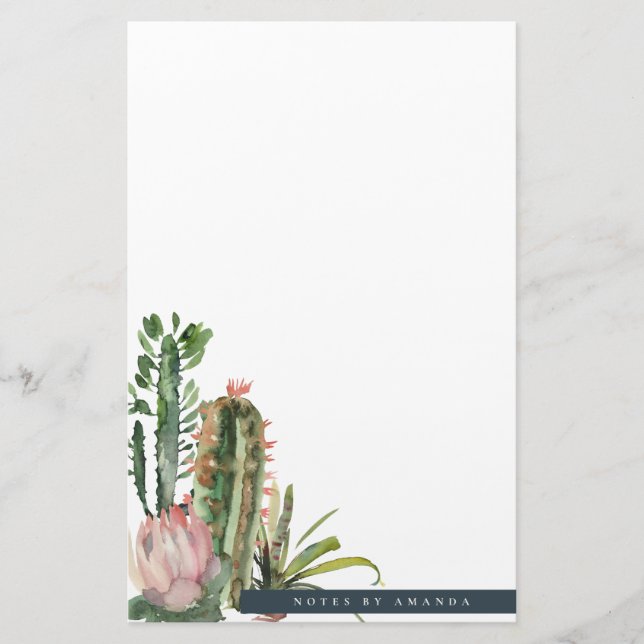 BOHO PINK FLORAL DESERT CACTI FOLIAGE WATERCOLOR STATIONERY (Front)