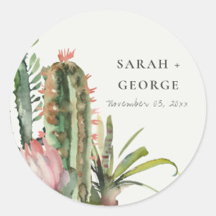 BOHO PINK FLORAL DESERT CACTI FOLIAGE WEDDING CLASSIC ROUND STICKER