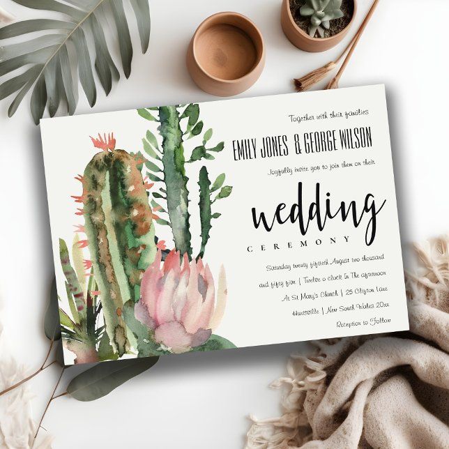 BOHO PINK FLORAL DESERT CACTI FOLIAGE WEDDING INVITATION (Creator Uploaded)