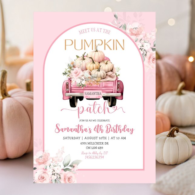 Boho Pink Floral Fall Theme Pumpkin Patch Birthday Invitation (Creator Uploaded)