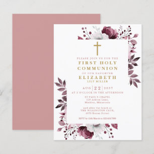 Boho Pink Floral First Holy Communion Invitation Postcard