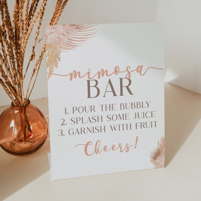 Boho Pink Floral Flowers Mimosa Bar Pedestal Sign (Creator Uploaded)