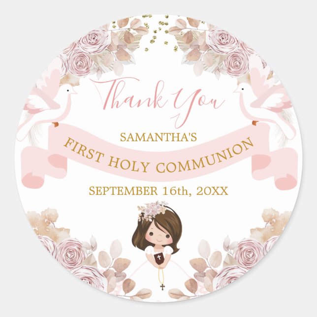Boho Pink Floral Girl 1st Communion Thank You Classic Round Sticker (Front)