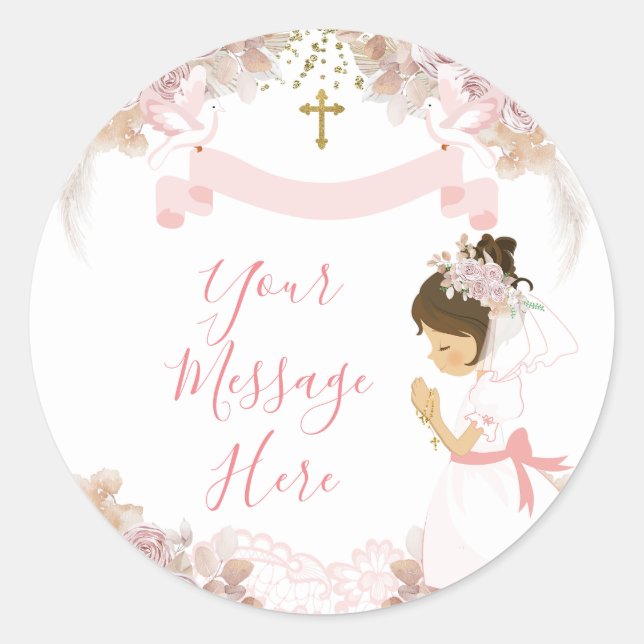 Boho Pink Floral Girl FIRST Holy Communion Cross Classic Round Sticker (Front)