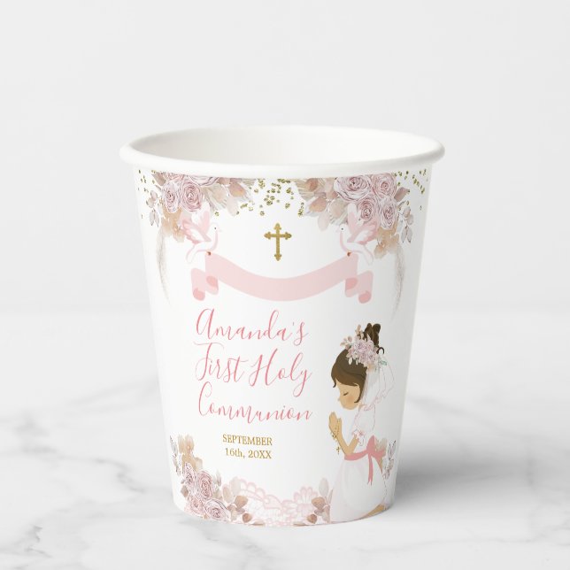 Boho Pink Floral Girl FIRST Holy Communion Cross Paper Cups (Front)