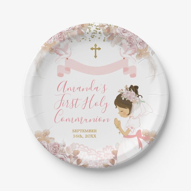 Boho Pink Floral Girl FIRST Holy Communion Cross Paper Plate (Front)