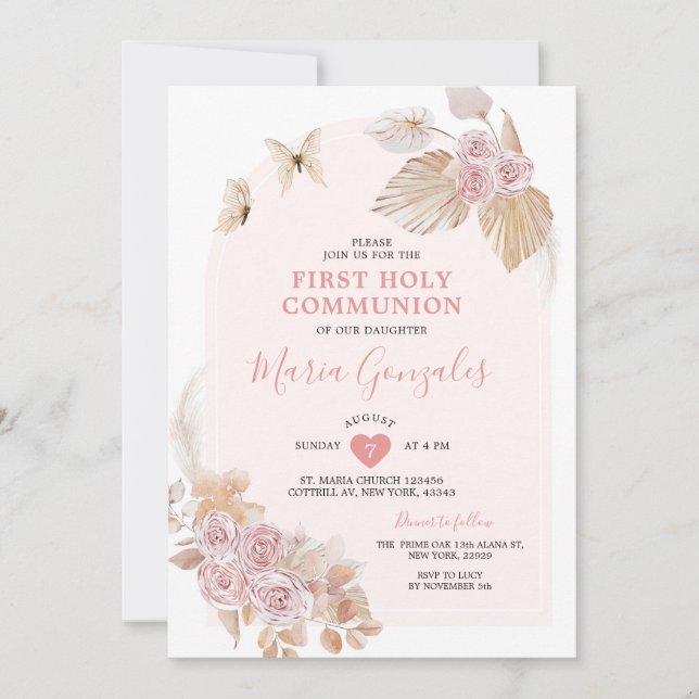 Boho Pink Floral Girl First Holy Communion Invitation (Front)