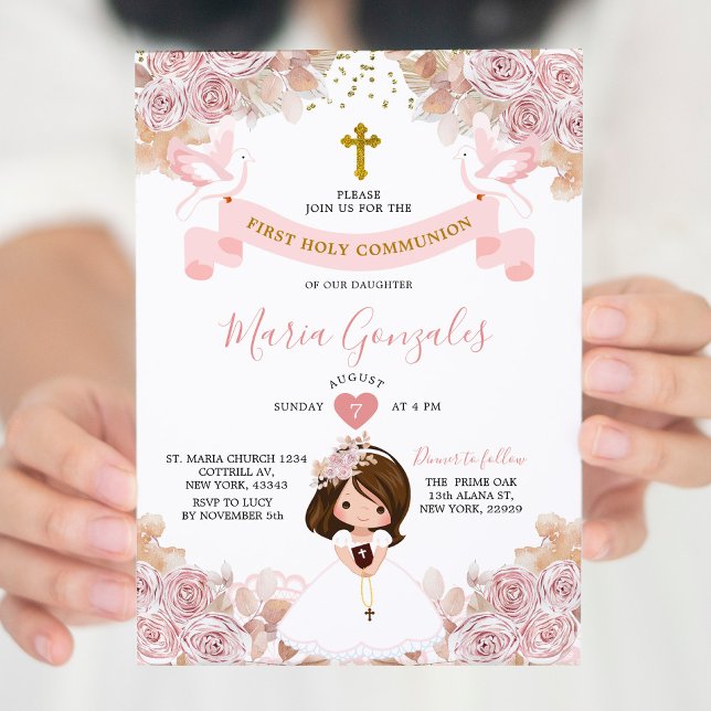Boho Pink Floral Girl First Holy Communion Invitation (Creator Uploaded)