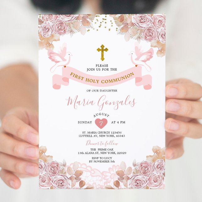 Boho Pink Floral Girl First Holy Communion Invitation (Creator Uploaded)