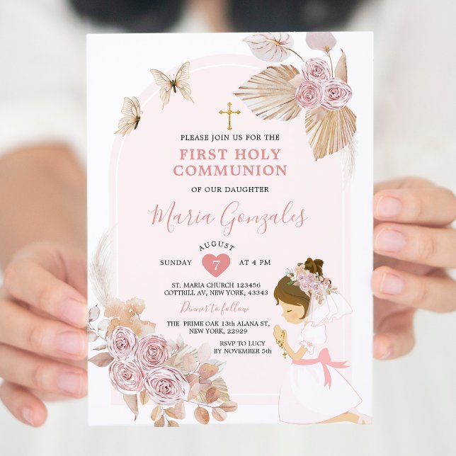 Boho Pink Floral Girl First Holy Communion Invitation (Creator Uploaded)